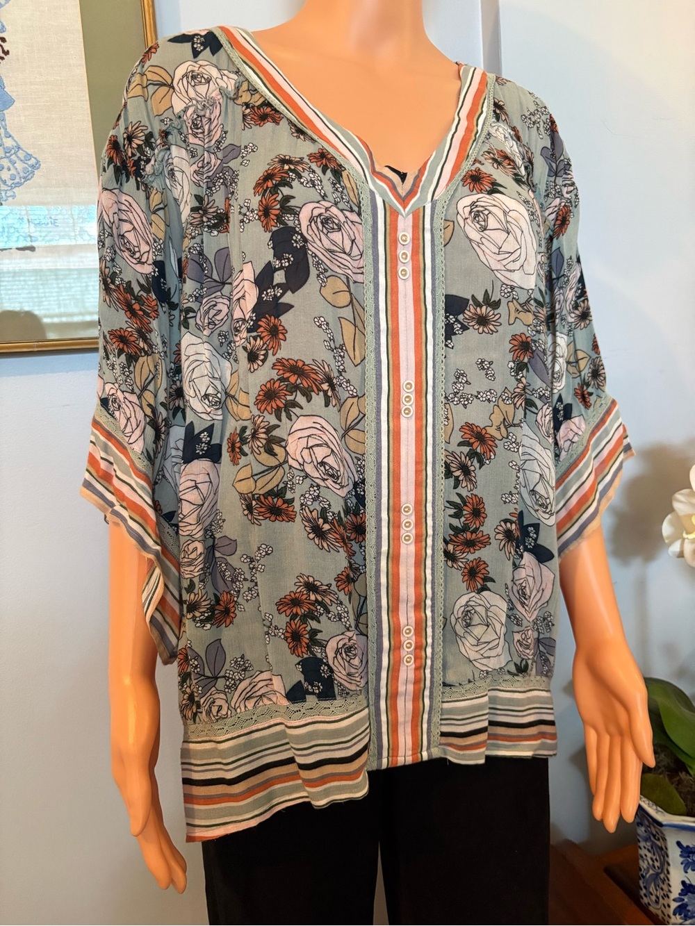Democracy Boho Floral V-Neck Blouse - Sage Green